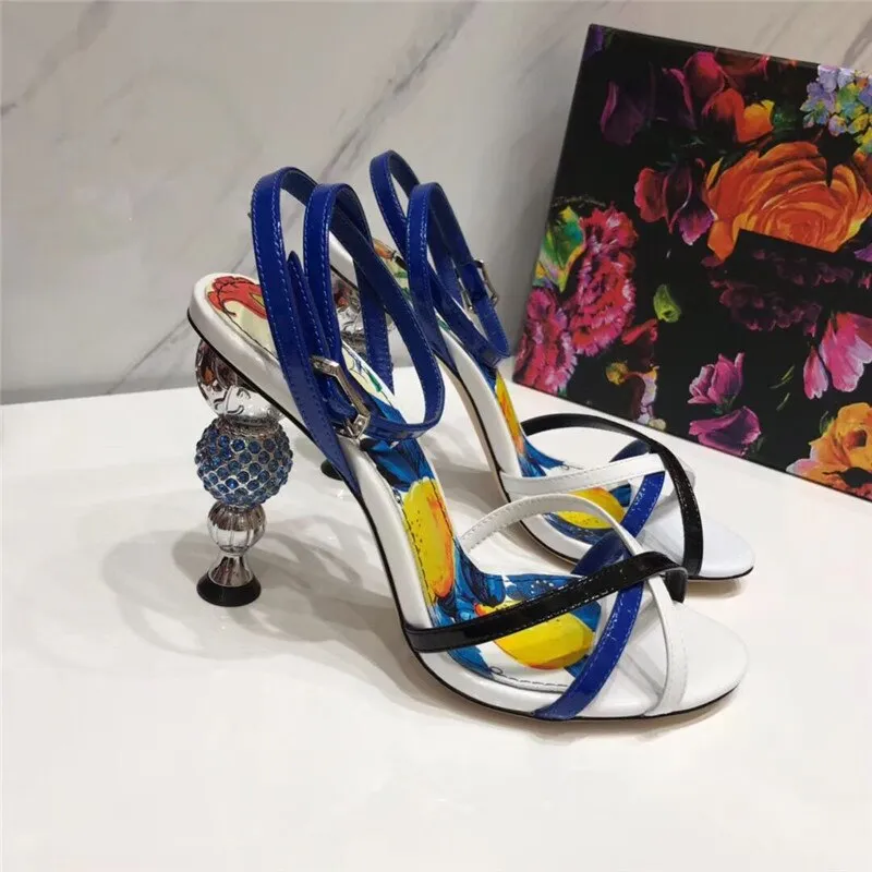 luxury mixed color sandals women cross strap genuine leather peep toe Crystal diamond spherical high heels party shoes