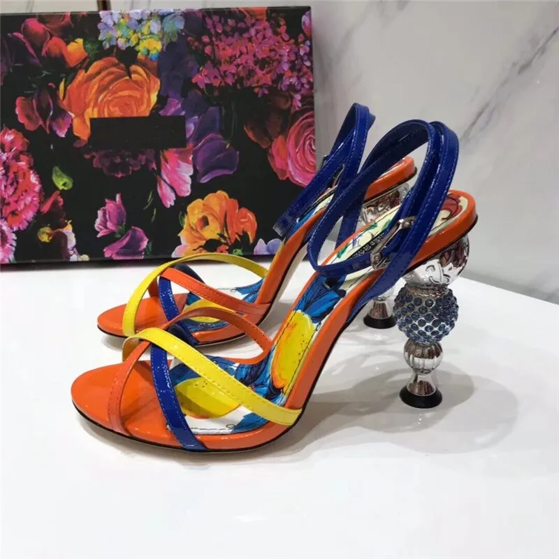 luxury mixed color sandals women cross strap genuine leather peep toe Crystal diamond spherical high heels party shoes