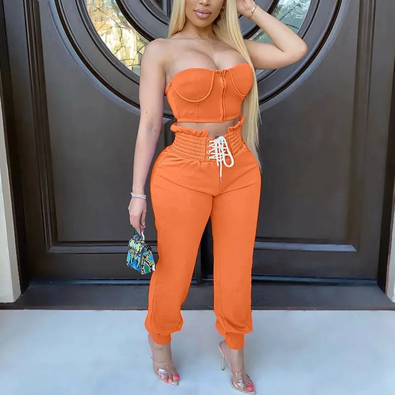 Solid Off Shoulder Lace Up Two Piece Set